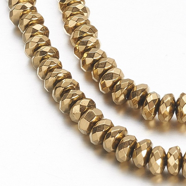 

PandaHall Non-magnetic Synthetic Hematite Beads Strands, Grade A, Faceted, Rondelle, Golden Plated, 4x2.5mm, Hole: 1mm, about 136pcs/strand...