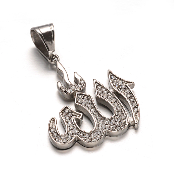 

PandaHall Allah 304 Stainless Steel Rhinestone Pendants, Arabic Pendants, Stainless Steel Color, 38x32x3mm, Hole: 10x7mm Stainless..., Clear