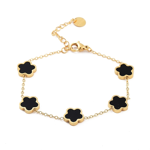 

PandaHall Flower Resin Link Chain Bracelets, Golden Tone 304 Stainless Steel Cable Chain Bracelets for Women, Black, 6-1/4~6-3/8 inch...