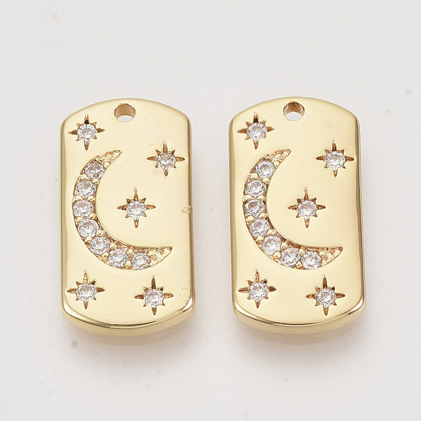 PandaHall Brass Micro Pave Cubic Zirconia Pendants, Real 18K Gold Plated, Rectangle with Moon & Star, Clear, Nickel Free, 19x10x2mm, Hole...