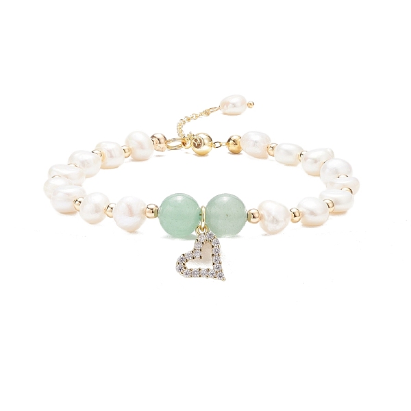 

PandaHall Natural Green Aventurine & Pearl Beaded Bracelet with Cubic Zirconia Heart Charm, Gemstone Jewelry for Women, Inner Diameter...