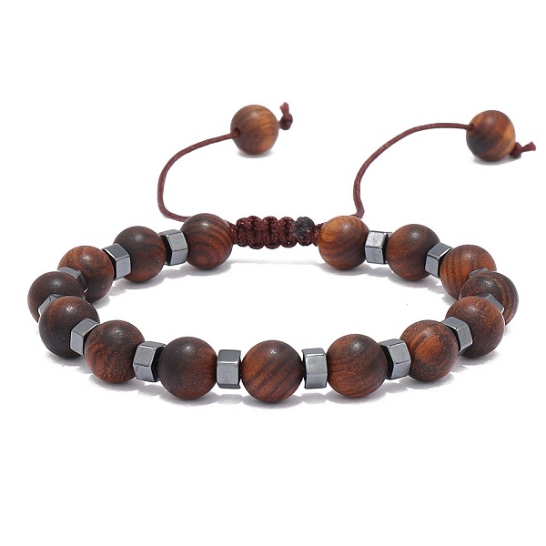 

PandaHall Adjustable Round Wood & synthetic Non-magnetic Hematite Braided Bead Bracelets for Men Wood