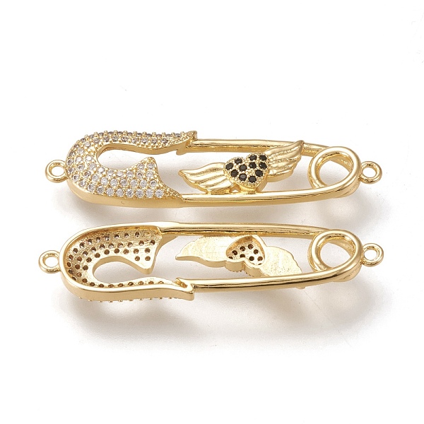 

PandaHall Brass Micro Pave Cubic Zirconia Links Connectors, Safety Pin Shape with Flying Heart, Black & Clear, Real 18K Gold Plated...