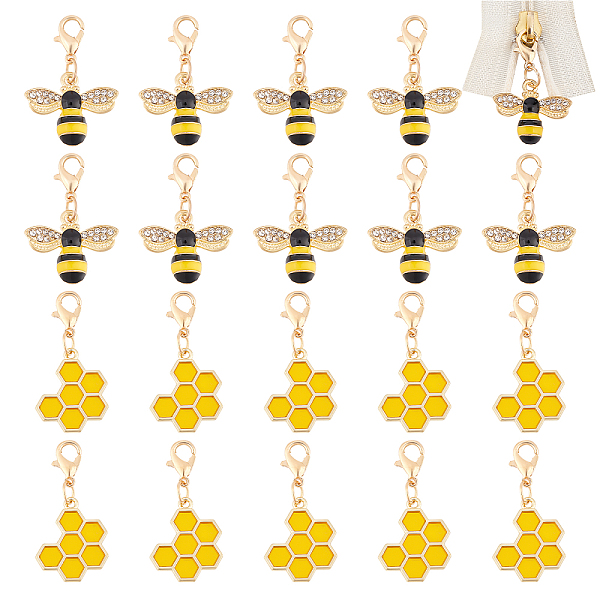 PandaHall BENECREAT 24Pcs Bees and Honeycomb Alloy Enamel Zipper Pull Pendants with Zinc Alloy Lobster Claw Clasps and Iron Open Jump Rings...