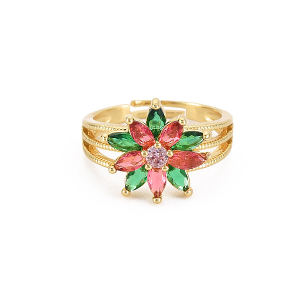 

PandaHall Cubic Zirconia Flower Adjustable Ring, Real 18K Gold Plated Brass Jewelry for Women, Cadmium Free & Lead Free, Colorful, US Size 7..., Red