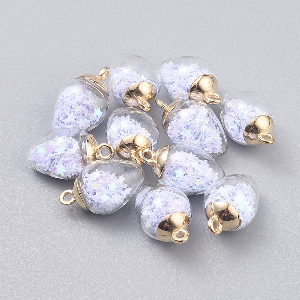 

PandaHall Transparent Glass Pendants, with Plastic Paillette/Sequins Beads inside and CCB Plastic Pendant Bails, teardrop, with Star, Light..., White