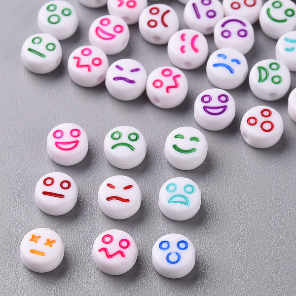 

PandaHall White Opaque Acrylic Beads, Flat Round with Expression, Mixed Color, 7x4mm, Hole: 1.6mm Acrylic Flat Round Multicolor