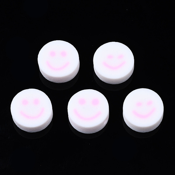 PandaHall Handmade Polymer Clay Beads, for DIY Jewelry Crafts Supplies, Flat Round with Smiling Face, Pearl Pink, 10x4~4.5mm, Hole: 1.8mm...