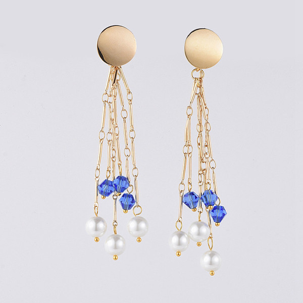 

PandaHall Long Tassel Earrings, Brass Dangle Stud Earrings, with Rhombus Glass, Glass Pearl Beads and Earring Backs/Ear Nuts, Golden, Blue...