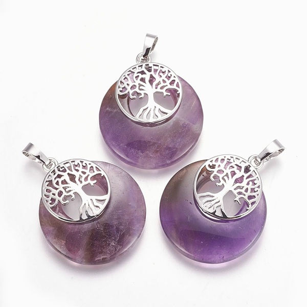 

PandaHall Natural Amethyst Pendants, with Platinum Tone Brass Findings, Flat Round with Tree of Life, 32.5~33x27.5~28x5~6mm, Hole: 5x7mm..., Purple