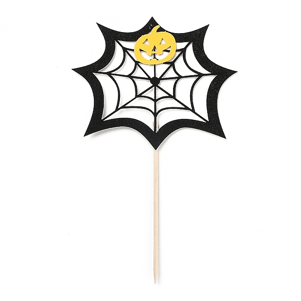 PandaHall Felt Cloth & Paper Spider Web Cake Insert Card Decoration, with Bamboo Stick, for Halloween Cake Decoration, Black, 164mm Cloth...