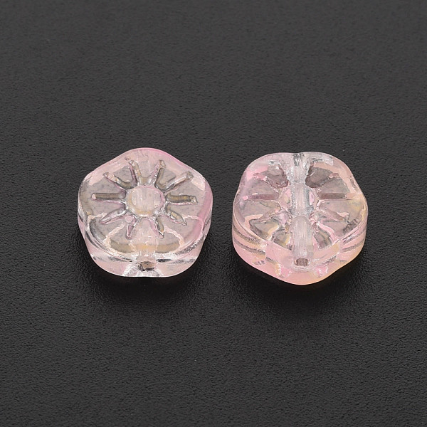 

PandaHall Two Tone Transparent Spray Painted Glass Beads, Plum Blossom Flower, PeachPuff, 10x10.5x4mm, Hole: 1.2mm Glass Flower Brown