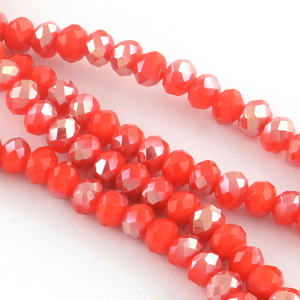 PandaHall Electroplate Glass Faceted Rondelle Bead Strands, Half Plated, OrangeRed, 4x3mm, Hole: 1mm; about 140~145pcs/strand, 18.9 PandaHall Electroplate Glass Faceted Rondelle Bead Strands, Half Plated, OrangeRed, 4x3mm, Hole: 1mm; about 140~145pcs/strand, 18.9