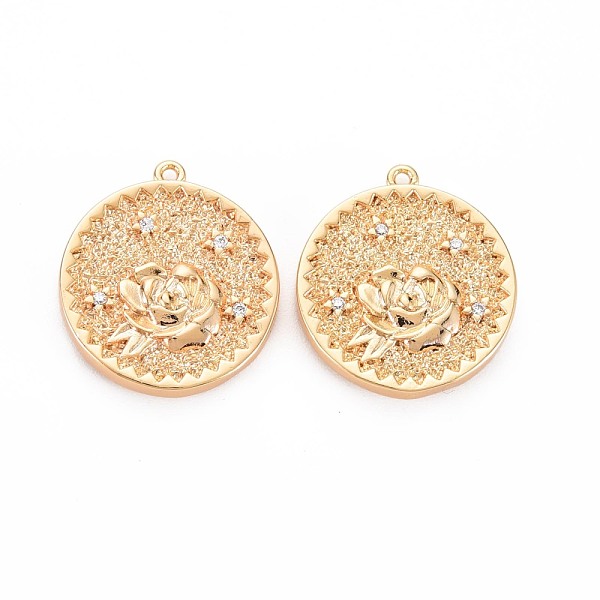 

PandaHall Brass Micro Pave Clear Cubic Zirconia Pendants, Nickel Free, Flat Round with Rose, Real 18K Gold Plated, 20x17.5x3mm, Hole: 1mm...