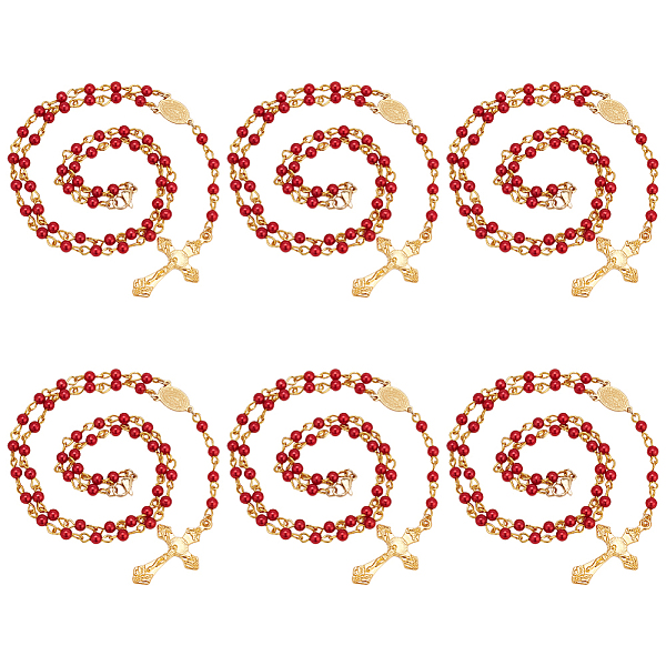 

PandaHall Acrylic Rosary Bead Necklace, 304 Stainless Steel Oval with Alloy Cross Pendant Necklace for Women, Dark Red, 19.29 inch(49cm)...