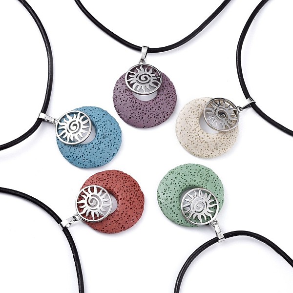 

PandaHall Alloy Natural Dyed Lava Rock Pendant Necklaces, with Cowhide Leather Cord and 304 Stainless Steel Lobster Claw Clasps, Flat Round..., Multicolor