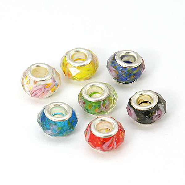 PandaHall Glass European Beads, Large Hole Beads, Mixed Color, with Flower Inside, Brass Core in Silver Color, about 13mm wide, 8mm long...