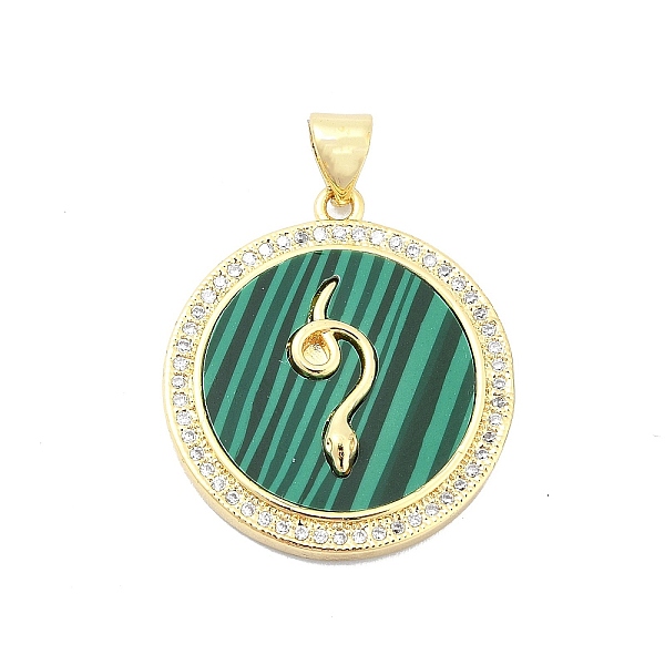 

PandaHall Brass Micro Pave Clear Cubic Zirconia Pendants, with Synthetic Malachite, Flat Round with Snake Charms, Real 18K Gold Plated...