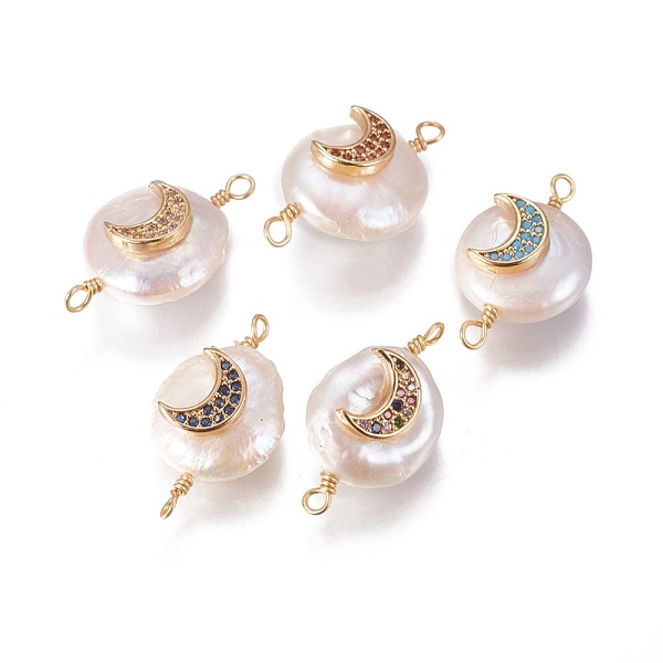 

PandaHall Natural Pearl Links connectors, with Cubic Zirconia and Brass Findings, Flat Round with Moon, Golden, Mixed Color..., Multicolor