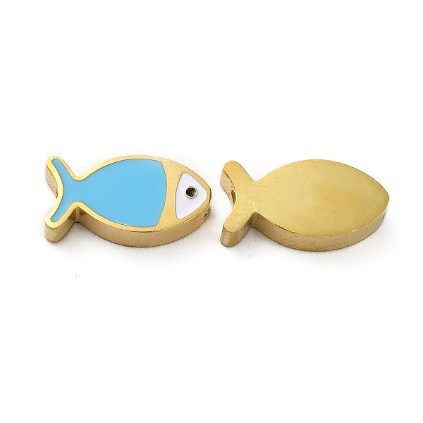 

PandaHall Ion Plating(IP) 304 Stainless Steel Beads, with Enamel, Real 18K Gold Plated, Fish, Deep Sky Blue, 7x13.5x3mm, Hole: 1.8mm...