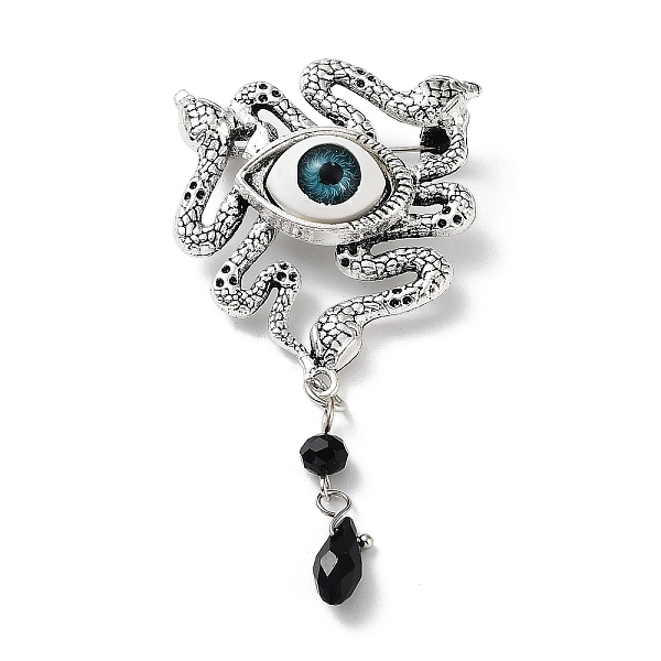 

PandaHall Tibetan Style Alloy Rhinestone Brooch, Snake with Evil Eye, Antique Silver, 76x38x18mm Alloy+Rhinestone Snake Black