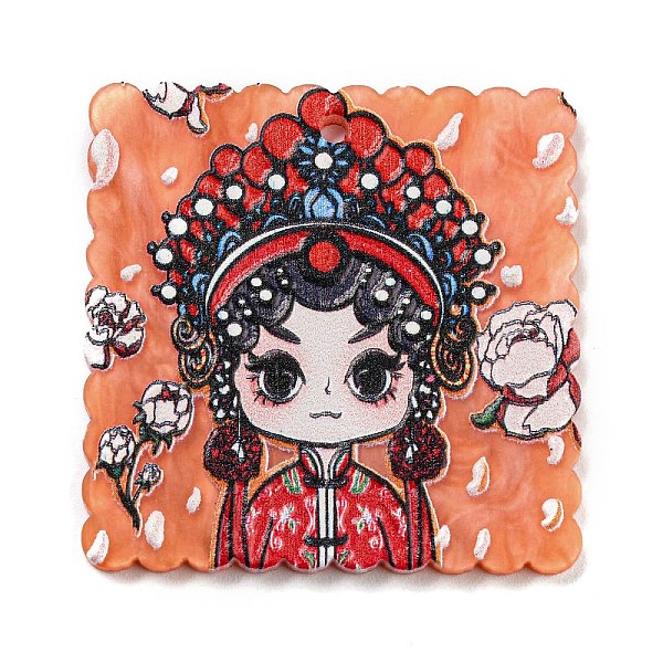 

PandaHall Embossed Printed Acrylic Pendant, Square Beijing Opera, Coral, 37.5x37.5x2.5mm, Hole: 1.8mm Acrylic Square Red