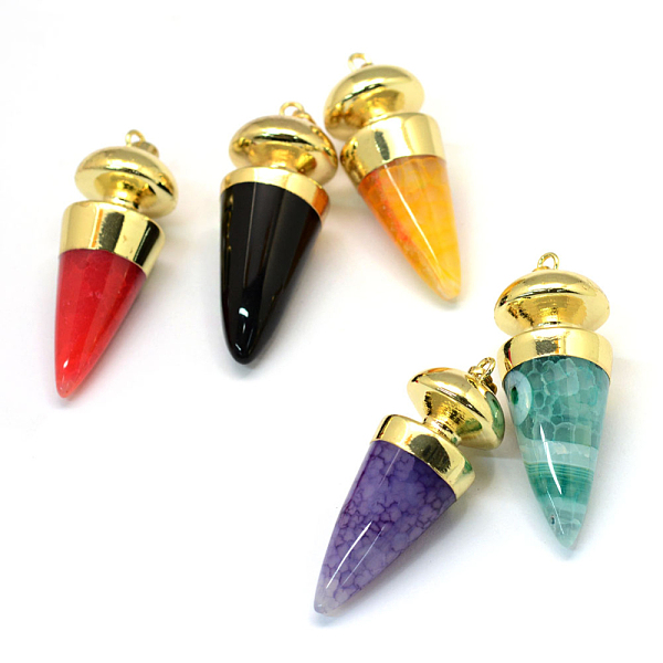 

PandaHall Cone/Spike/Pendulum Dyed Natural Agate Big Pendants, with Golden Plated Brass Findings, Mixed Color, 55~56x19~21mm, Hole: 7x5mm..., Multicolor