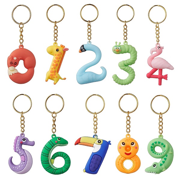 

PandaHall 10 Pcs Animal Number PVC Plastic Pendants Keychains, with Iron Split Key Rings, Fox/Giraffe/Swan, Misty Rose, 10~11cm, 10 style...