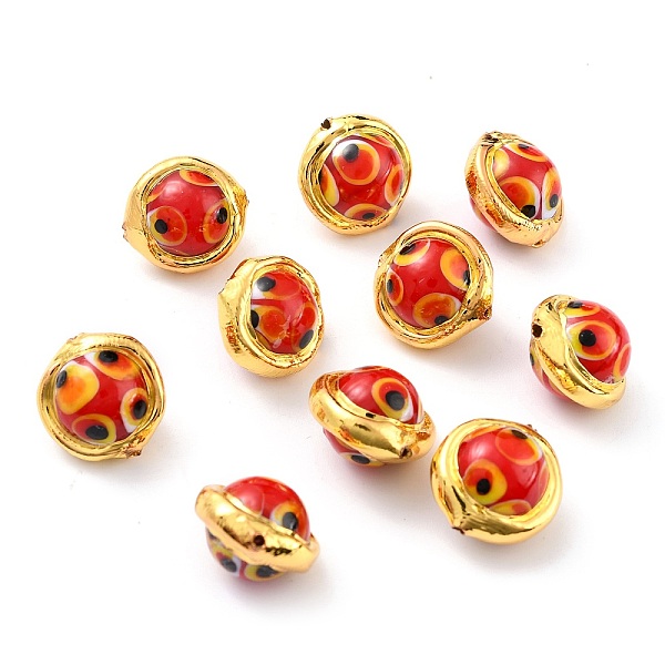 

PandaHall Handmade Lampwork Beads, with Golden Color Edge Brass, Round, Red, 16.5~17x15.5~16x12~13.5mm, Hole: 1mm Lampwork Round Red