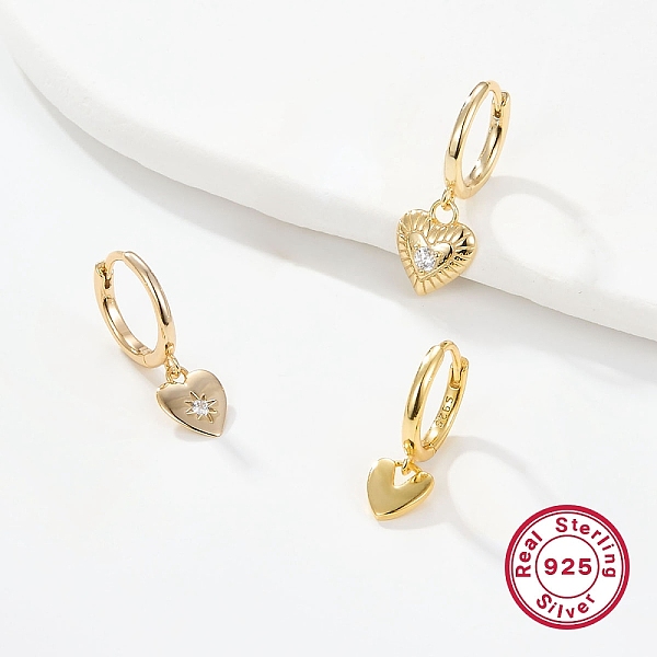 

PandaHall 3 Pair 3 Style Cubic Zirconia Heart Dangle Hoop Earrings for Women, 925 Sterling Silver Jewelry, Real 18K Gold Plated, 18~22mm, 1...