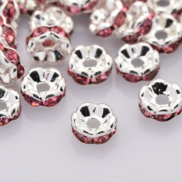 

PandaHall Brass Rhinestone Spacer Beads, Grade AAA, Wavy Edge, Nickel Free, Silver Color Plated, Rondelle, Rose, 6x3mm, Hole: 1mm..., Pink