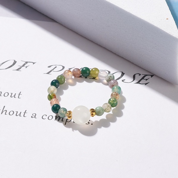 

PandaHall Natural Indian Agate Round Beaded Stretch Ring with Moonstone, Gemstone Jewelry for Women, US Size 8(18.1mm) Indian Agate