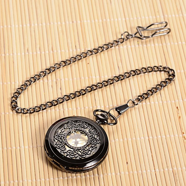 

PandaHall Openable Flat Round Alloy Pendant Pocket Watch, Quartz Watches, with Iron Chain, Gunmetal, 355mm, Watch Head: 59x47x14mm Alloy