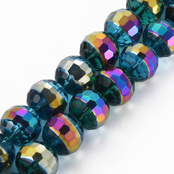 

PandaHall Electroplate Transparent Glass Beads Strands, Rainbow Color Plated, Faceted, Round, Dark Cyan, 12x11mm, Hole: 1.5mm, about...
