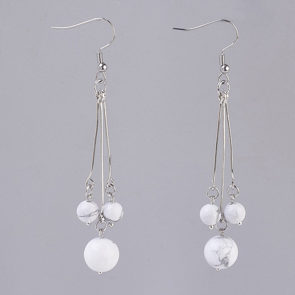 

PandaHall Natural Howlite Dangle Earrings, with 304 Stainless Steel Earring Hooks and Iron Eye Pins, Round, 77~78mm, Pendant: 57~58mm, Pin...