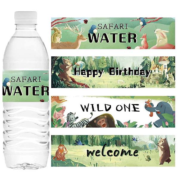 PandaHall CREATCABIN 100Pcs 4 Styles Safari Wildlife Park Water Bottle Labels Wild One Decorations Jungle Animal Themed Waterproof Drinking...