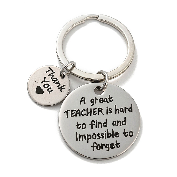 

PandaHall Teacher's Day Gift 201 Stainless Steel Word Thank You Keychains, with Iron Key Rings, Flat Round, 6cm, pendant: 16x1mm and...
