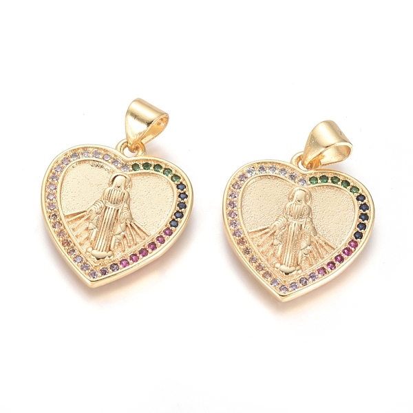 

PandaHall Brass Micro Pave Cubic Zirconia Pendants, Long-Lasting Plated, Heart with Virgin Mary, Colorful, Golden, 20x17x2mm, Hole: 5x3mm...