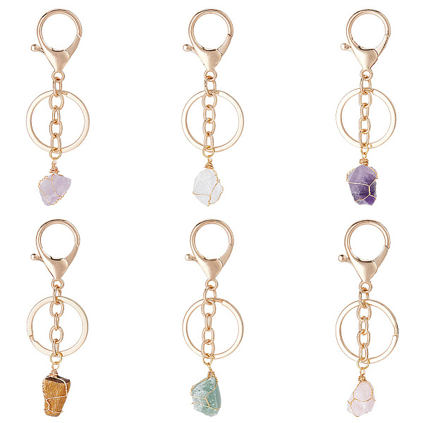 

PandaHall 6Pcs 6 Styles Nuggets Natural Gemstone Wire Wrapped Keychain Key Ring, for Handbag, Car Decoration, 8~9cm, 1pc/style Mixed Stone...
