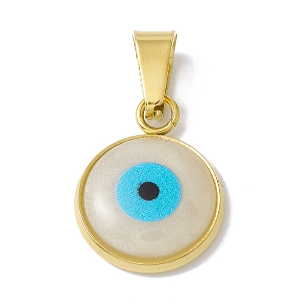 

PandaHall Vacuum Plating 304 Stainless Steel Resin Pendants, Cyan, Flat Round with Evil Eye Charm, Golden, 17x13x3.5mm, Hole: 6.5x3mm...