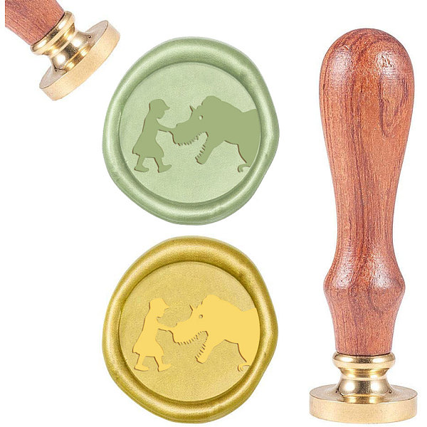 

PandaHall DIY Scrapbook, Brass Wax Seal Stamp and Wood Handle Sets, Human with Dinosaur, Golden, 8.9x2.5cm, Stamps: 25x14.5mm Brass