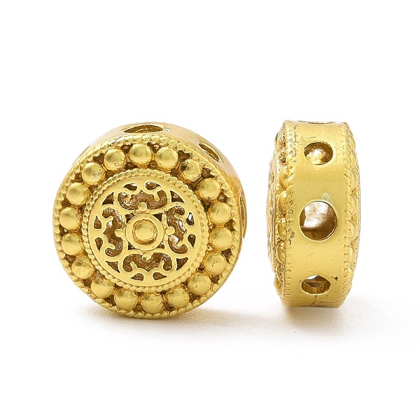 

PandaHall Rack Plating Brass Beads, Long-Lasting Plated, Lead Free & Cadmium Free, Flat Round with Flower, Matte Gold Color, 10x5mm, Hole...