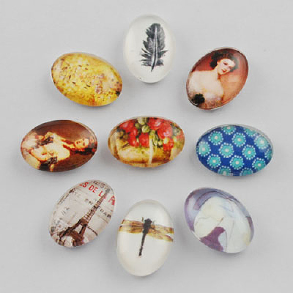 

PandaHall Glass Cabochons, Oval with Mixed Pattern, Mixed Color, 18x13x4.5~5.5mm Glass Oval Multicolor