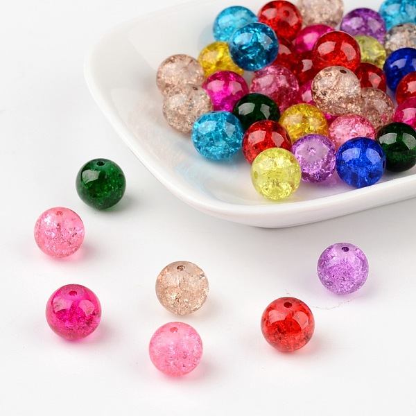 PandaHall Mixed Crackle Glass Beads, Round, 10mm, Hole: 1.3~1.6mm Glass Round Multicolor