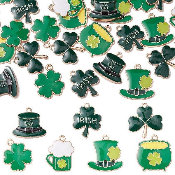 

PandaHall 35Pcs 7 Styles Saint Patrick's Day Alloy Enamel Pendants, Golden/Light Gold, Clover/Hat/Pot, Green, 20~24x18.5~23x1.5mm, Hole...