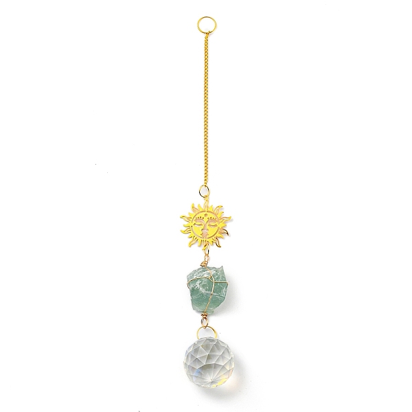 

PandaHall Wire Wrapped Nuggets Natural Fluorite Pendant Decorations, Brass Sun and Glass Round Tassels Hanging Ornaments, 235mm, Hole: 11mm...