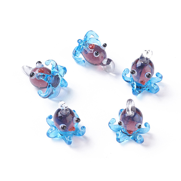 

PandaHall Handmade Lampwork Pendants, Octopus, Deep Sky Blue, 16~20x14~16mm, Hole: 2~4mm Lampwork Fish Blue