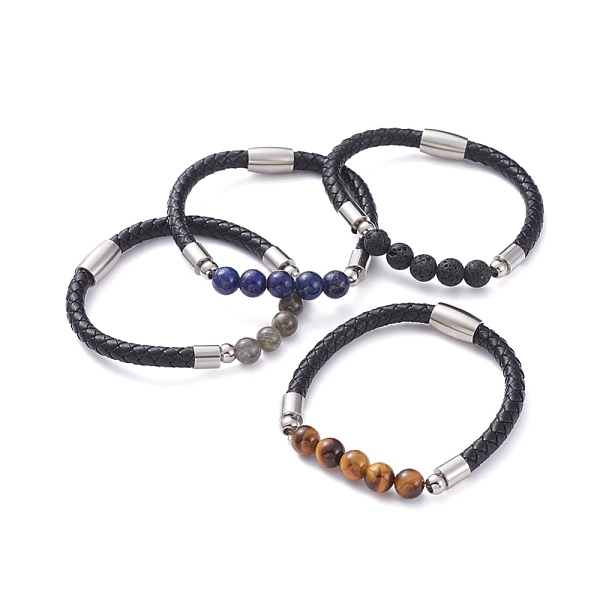 

PandaHall Unisex Leather Cord Bracelets, with Natural Gemstone Round Beads, 304 Stainless Steel Magnetic Clasps and Rondelle Beads, with...