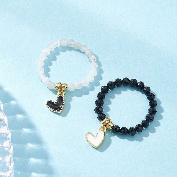 Natural Black Tourmaline & Rainbow Moonstone Beads Finger Rings