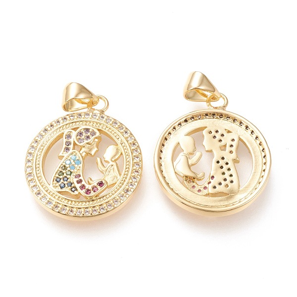 

PandaHall Brass Micro Pave Clear Cubic Zirconia Pendants, Mother's Day, Long-Lasting Plated, Flat Round with Human, Colorful, Golden...